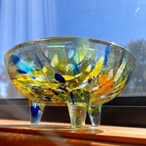 Beautiful! Art Glass Footed Bowl - Multicolor Fused Glass (NOWT)
